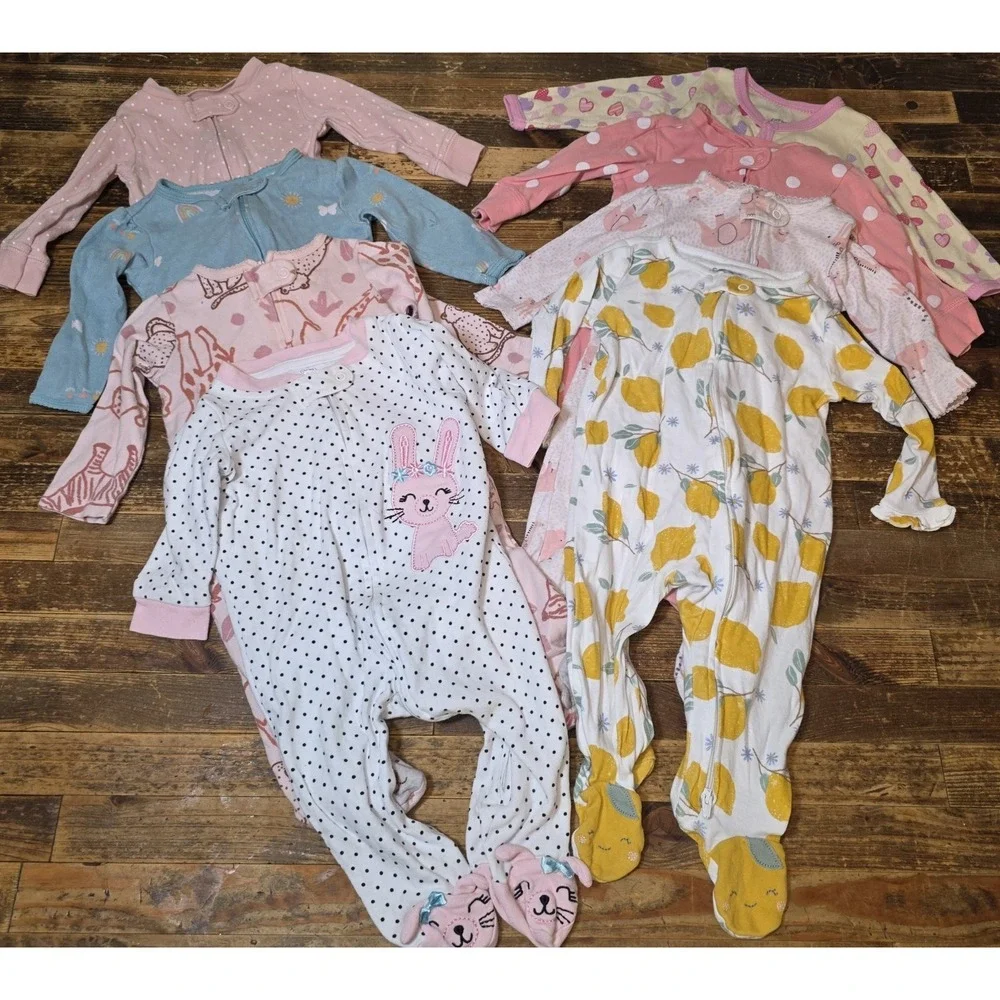 8 Baby Girl Size 6 mo Footed Zip Up One Piece Sleeper Pajama Lot Bundle Infant